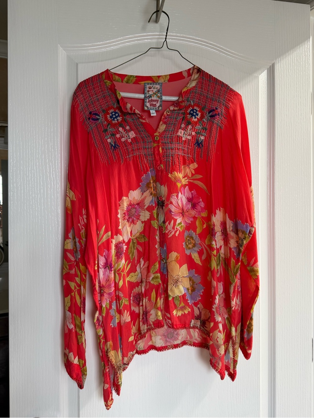 Johnny Was Bright Reddish Orange Floral Embroidered Tunic